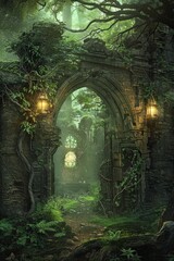 Fototapeta premium Enchanted Forest Ruins Frame with ancient stone ruins, overgrown with moss and vines, and softly glowing lanterns.