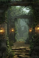 Enchanted Forest Ruins Frame with ancient stone ruins, overgrown with moss and vines, and softly glowing lanterns.