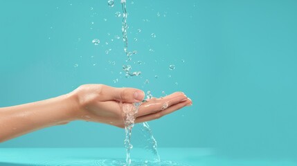 Hands, cleaning, and woman in shower depicting water splash, wellness, and hygiene on blue backdrop. Studio mock-up beauty splash, washing, and grooming calm girl model.