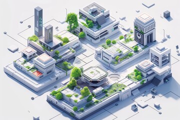Fototapeta premium Futuristic urban landscape with modern buildings, greenery, and clean architecture, showcasing a visionary city design concept.