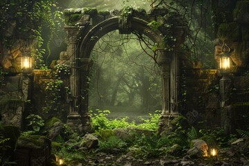 Enchanted Forest Ruins Frame with ancient stone ruins, overgrown with moss and vines, and softly glowing lanterns.