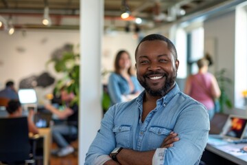 Fototapeta premium Smile, business, and arms crossed with black man in planning, leadership, and mentality meeting. Workplace creativity, training, and strategy for workshop, teamwork, and mission