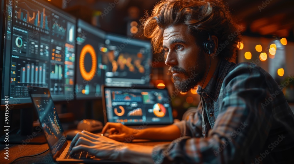Poster focused data analyst working late night in modern office surrounded by advanced technology. generati