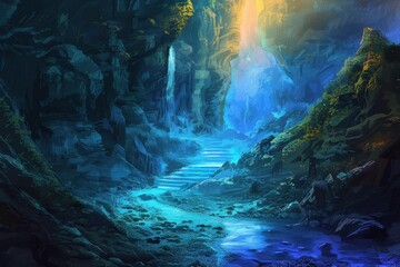 Obraz premium Mysterious Glowing Cave with Water and Stone Steps