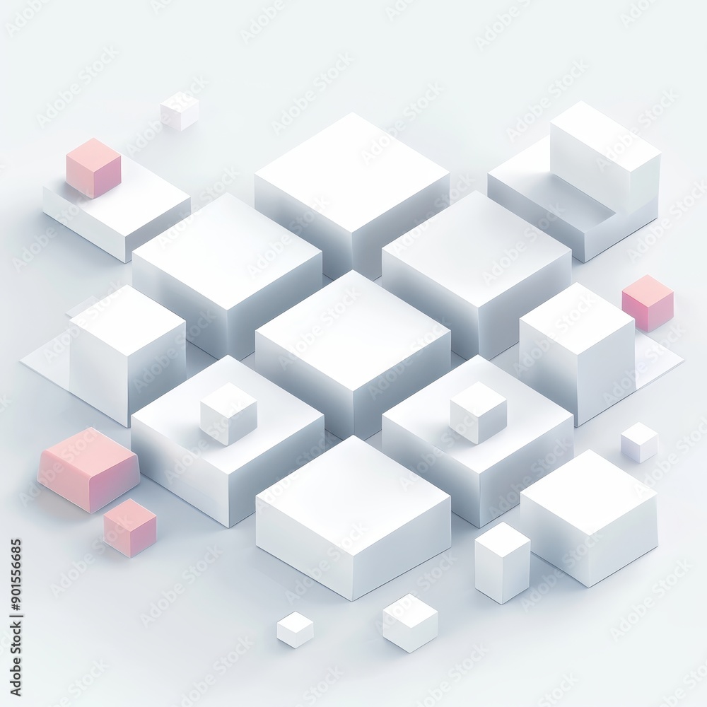Poster minimalistic 3d geometric shapes in white with soft pink accents, creating a modern and abstract des