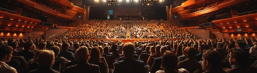 Naklejka premium Large crowd of people gathered in a concert hall, stage and audience.