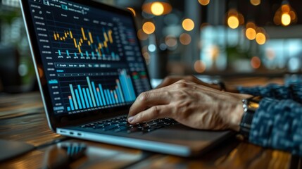 Analyzing Financial Data on a Laptop in a Cozy Cafe During Evening Hours. Generative AI