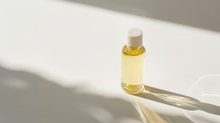 Naklejka premium Essential oil bottle casting a shadow on a white surface in natural light