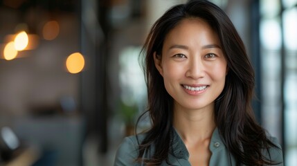Obraz premium Businesswoman, face, success, mockup space, vision, and career aspirations. Staff smiling, leadership, and corporate lawyer at Japanese, Asian, and growing legal firm