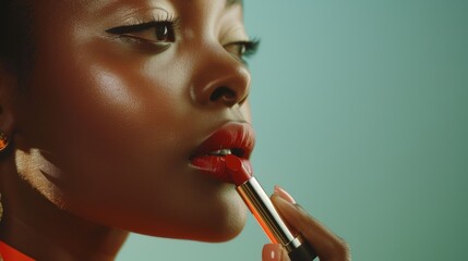 Fototapeta premium Makeup, black woman with lipstick closeup, face profile with cosmetics promotion against studio background. Beauty mock-up to promote healthy skin, lips, and wellness