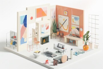 Modern miniature living room model with stylish furniture, abstract artwork, and vibrant decor elements in a bright setting.