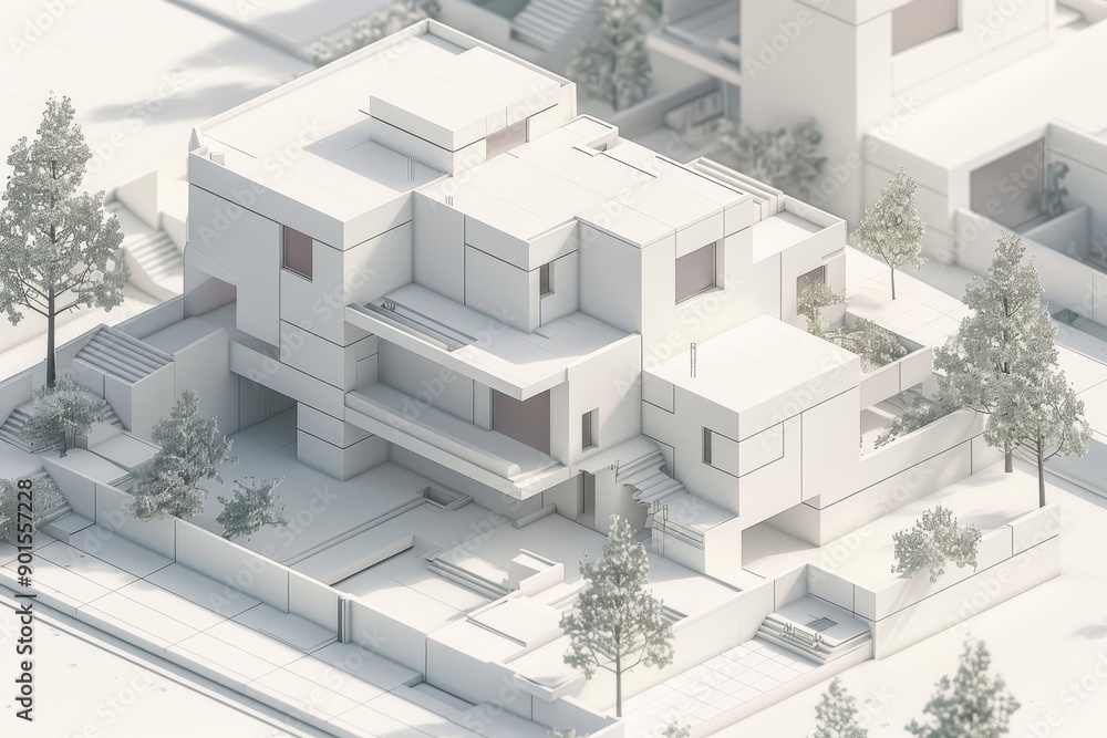 Poster modern white architectural model of a residential building complex with detailed structures and surr