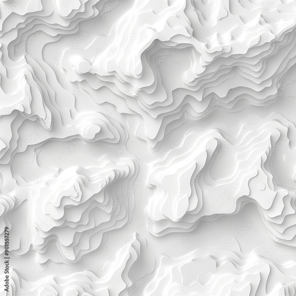 Poster monochromatic abstract 3d topographic map with white contour lines and intricate details, conveying 