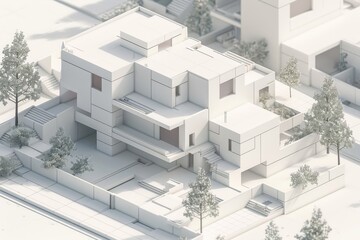 Modern white architectural model of a residential building complex with detailed structures and surrounding environment.