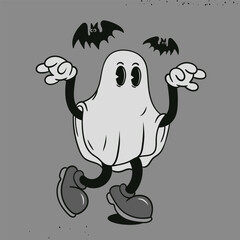 Spooky Ghost and bats. Halloween concept. Hand drawn modern Vector illustration. Isolated design element. Cute creepy, scary, funny character. Cartoon retro style. Logo, print, design template