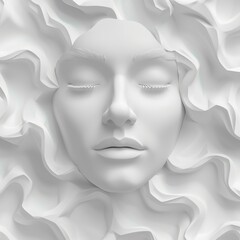 Surreal white face sculpture with abstract flowing textures, creating a serene and artistic expression. Ideal for creative design projects.