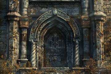 Obraz premium Fantasy Castle Gate Frame. A frame of towering stone gates, intricate carvings, and fluttering banners.