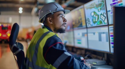 Logistics coordinator tracking shipments on multiple screens