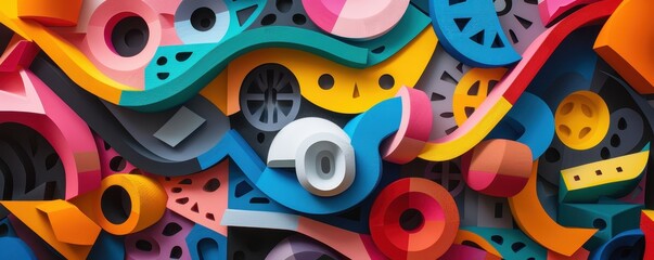 Vibrant abstract art with colorful geometric shapes in dynamic patterns, creating a lively and energetic visual experience.