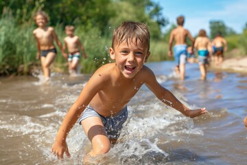 Happy children playing in river on summer day