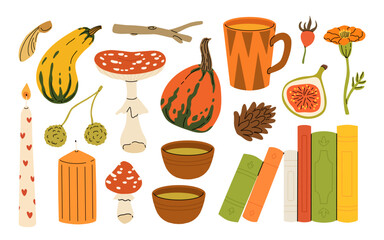Cute autumn elements, candles, tea cup, pumpkin, warm clothes, blanket and scarf. Hand drawn fall season design element, acorns with leaves, mushrooms and berries, cozy doodle sticker vector set
