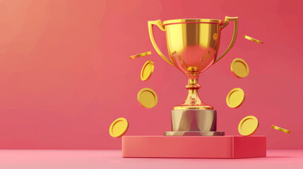 A golden trophy with coins floating around it on a pink background, representing victory and achievement.