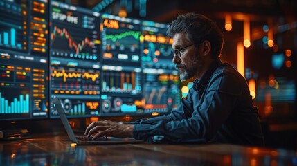 Professional Analyst Analyzing Financial Data on Multiple Monitors During Evening Hours. Generative AI