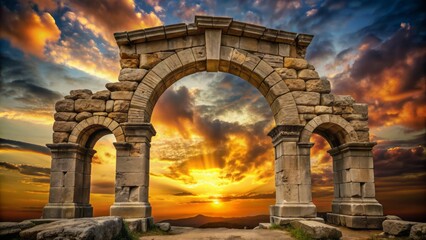 Obraz premium Ancient stone archway with Roman numerals I, V, X, and L inscribed above, set against a dramatic cloudy sky at sunset.