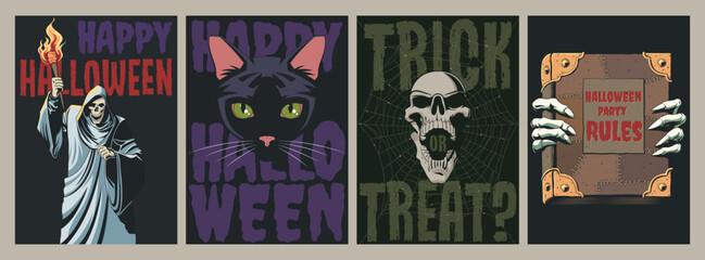 Halloween Party Posters, Covers, Invitations Vector Template Set. Ancient Book of the Dead, Black Cat's Muzzle, Grim Reaper with a Torch, Cobweb, Skull. Happy Halloween Greeting Cards