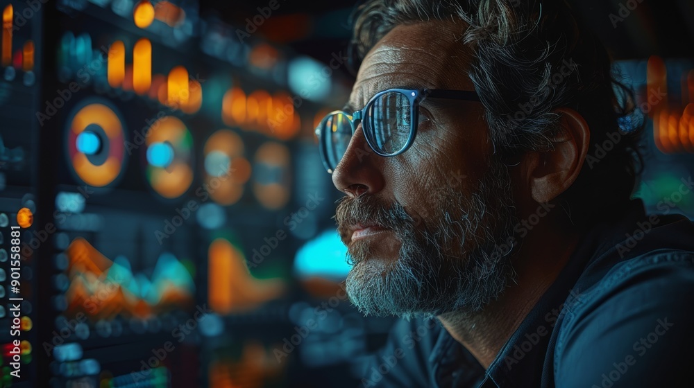 Aufkleber focused analyst reviewing data metrics in a dimly lit control room during nighttime. generative ai