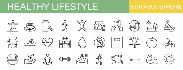 健康的な生活に関するアイコンセット。ダイエット・トレーニング・エクササイズ・食事など