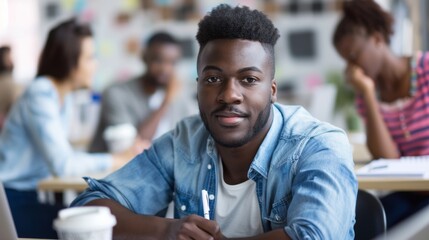 Fototapeta premium Lone African businessman working on a project while coworkers take selfies. Reject, depressed, and antisocial professional at his desk as business outcast.