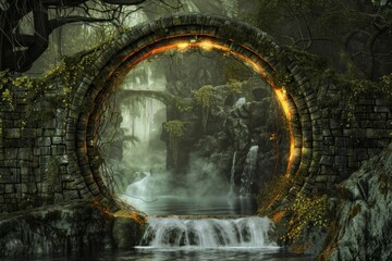 Naklejka premium Fantasy Enchanted Ruins. Ancient stone structure, covered in moss and glowing runes, with waterfalls cascading below.