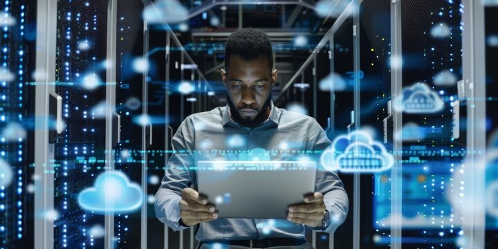 Overlay, futuristic, or businessman with laptop in server room for 404, cybersecurity, or software analytics. Computer programmer or developer for viral data analysis task server