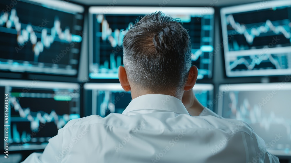 Poster a financial analyst studying stock charts on multiple computer screens in a modern office, with copy