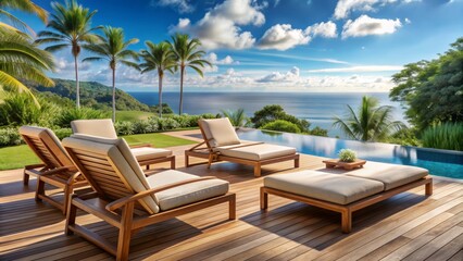 Naklejka premium Sleek teak lounge chairs and ottomans sit atop a natural fiber rug on a spacious, sunny patio surrounded by lush greenery and calm ocean views.