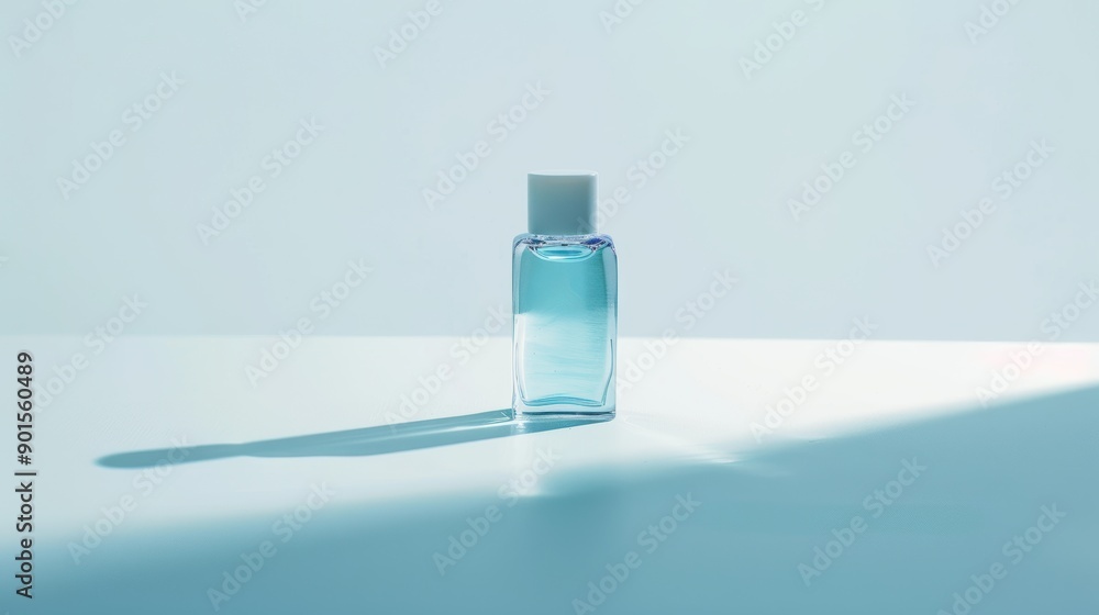 Poster perfume bottle casting a shadow on a blue background with space for text
