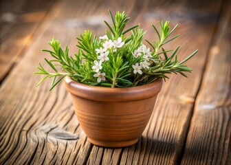 Fototapeta premium Fresh green rosemary leaves with delicate white flowers in a small terracotta pot on a rustic wood table, perfect for herbal remedies and culinary uses.