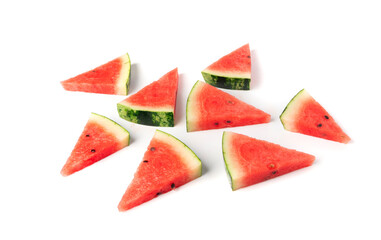Watermelon pieces isolated. Water melon wedges pile, chopped Citrullus lanatus, red wassermelone cuts group