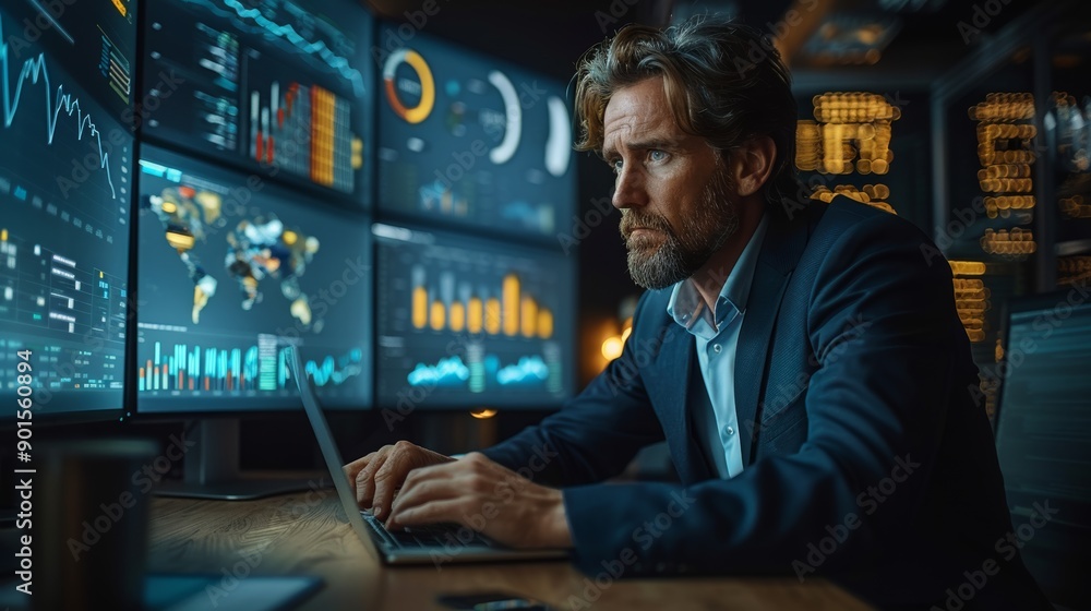 Poster professional man analyzing complex data on multiple screens in modern office environment. generative