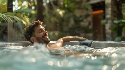 Man celebrating a business deal with a luxury spa day, relaxing in a hot tub