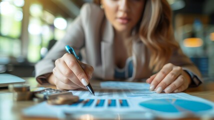 Fototapeta premium Businesswoman Analyzing Financial Data on Graphs and Charts in a Modern Office Setting