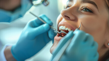 Fototapeta premium In a spotless, bright clinic, a dentist uses dental tools to examine a patient’s teeth. 