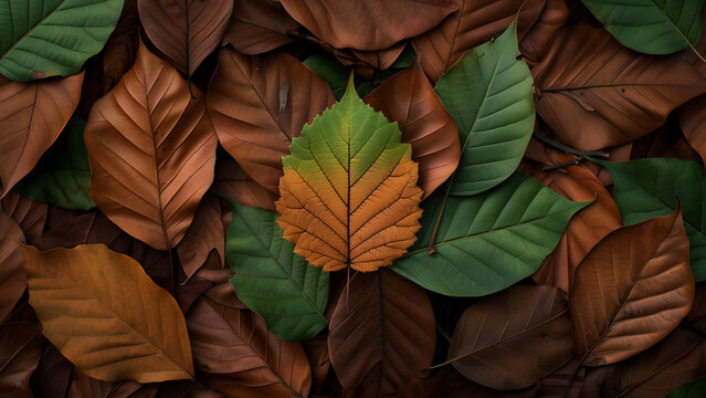 A hickory leaf showing a mix of green and brown tones, highlighting the transition between seasons.