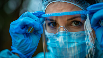 In a high-quality photo, a healthcare worker in PPE collects a nasal swab sample for COVID-19 testing at an outdoor location, displaying professionalism and caution.
