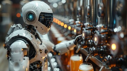 Fototapeta premium A humanoid robot operates beer brewing equipment in a modern, high-tech brewery, automating the production process.