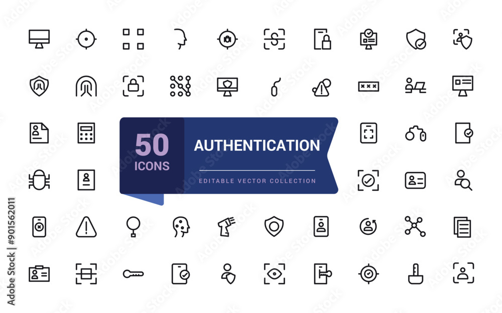 Poster authentication and identity set of web icons in line style. verification icons for web and mobile ap