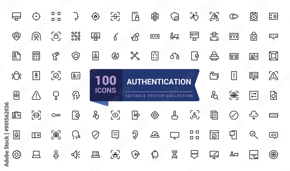 Poster authentication and identity set of web icons in line style. verification icons for web and mobile ap
