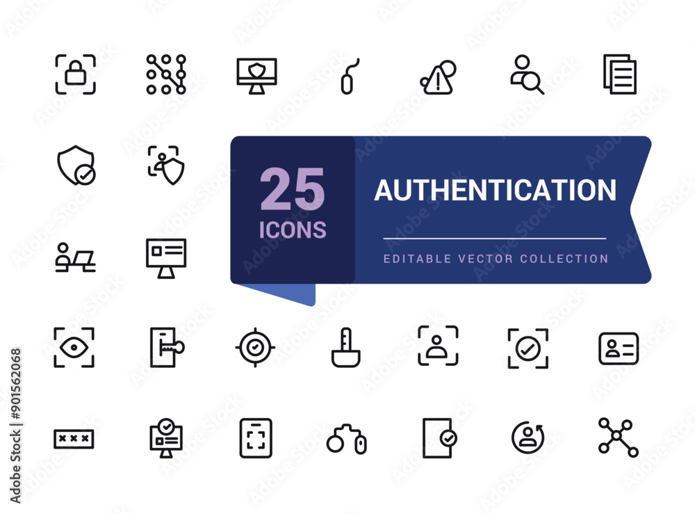 Poster authentication and identity set of web icons in line style. verification icons for web and mobile ap