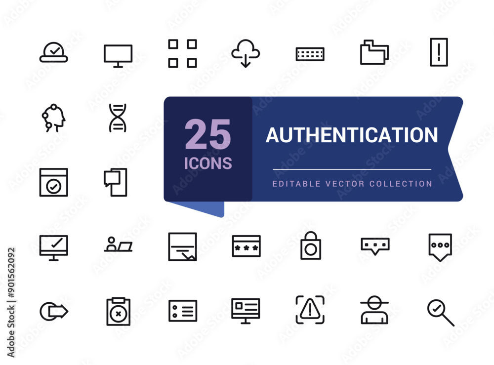 Poster authentication and identity set of web icons in line style. verification icons for web and mobile ap